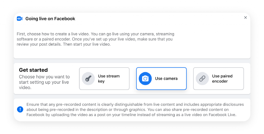 Go live on Facebook by clicking ‘Live Video’ as a post option. Listeners can tune in without having to watch your live stream video.