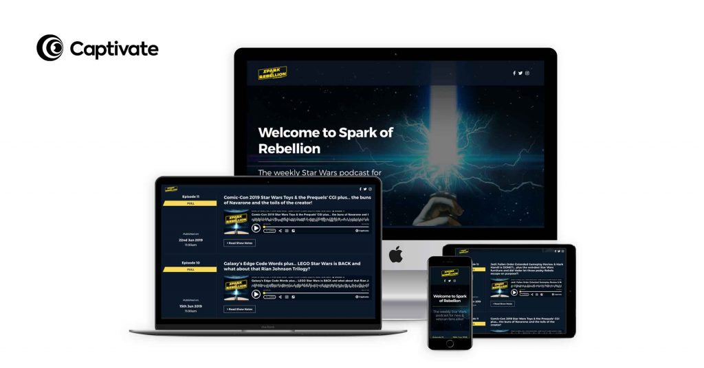 Captivate’s customizable podcast websites are fully responsive and allow you to add additional features such as team and show bios. Shown in the photo: Spark of Rebellion’s podcast website.