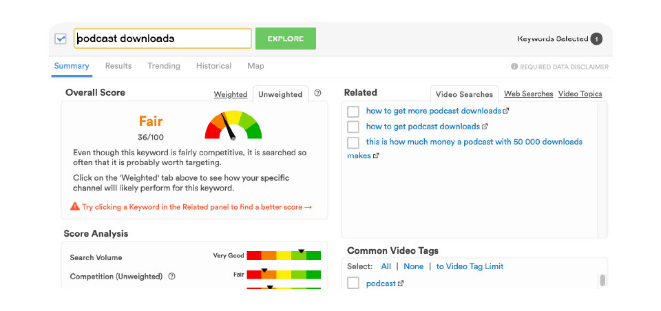 A screenshot of TubeBuddy's Keyword Explorer tool. We are big fans of TubeBuddy, which has tools such as split testing, keyword research tools and features that speed up our workflow.