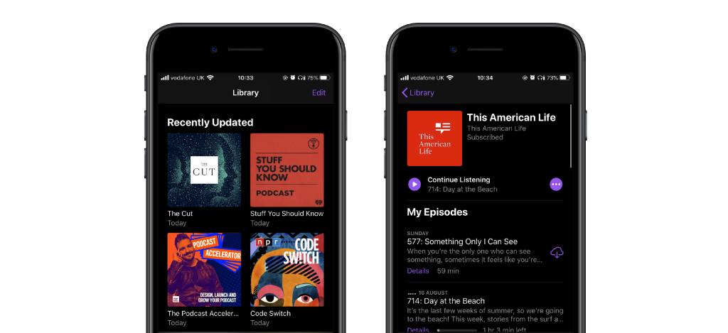 Image depicting how podcast artwork displays on an iPhone, within the main Apple Podcasts library and at episode level. Make sure your artwork is still legible at such a small scale.