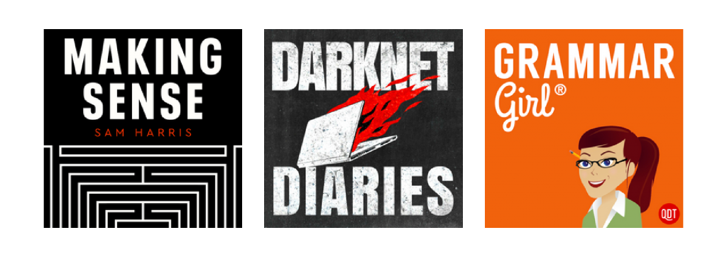 Podcasts like ‘Darknet Diaries’ and ‘Grammar Girl’ lead with strong, bold and simple text which is visually striking.