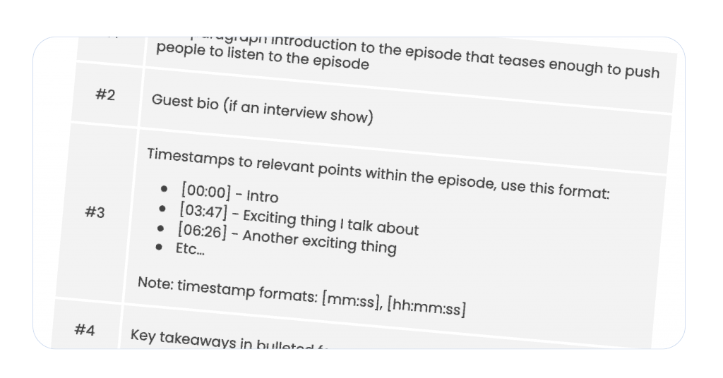 A screenshot of a podcast show notes template