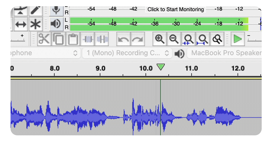 A screenshot of Audacity's recording interface showing levels in the green, between -18 and -12.