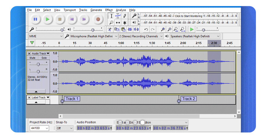 A screenshot of Audacity's recording interface with 2 tracks