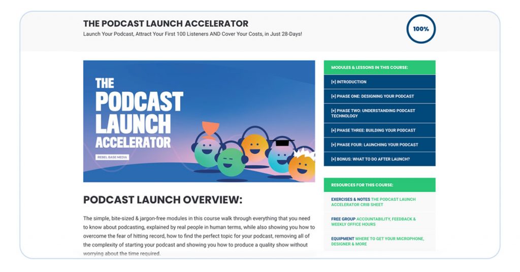 A screenshot showing the homepage of the Podcast Success Academy course