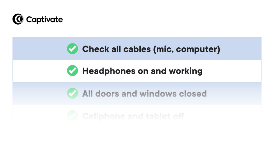 A table showing podcast recording tips: check all cables, headphones on and working, all doors and windows closed.
