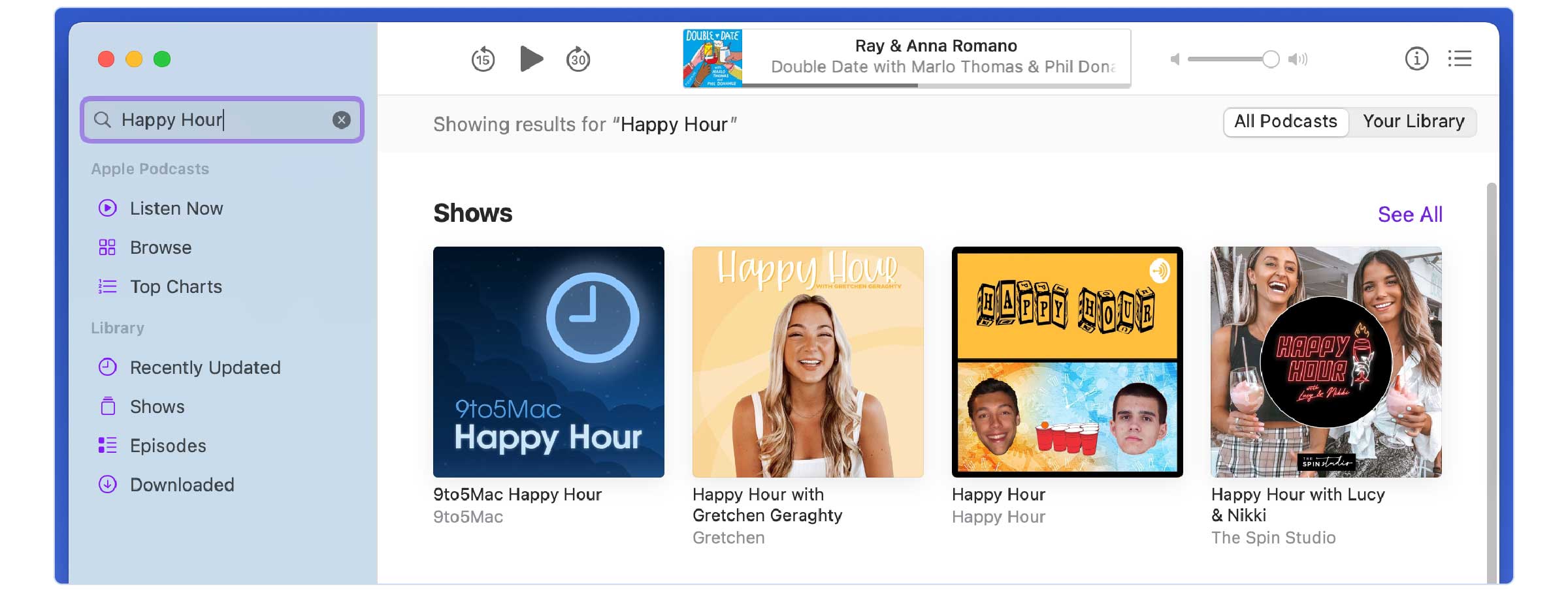 Screenshot of a search inside Apple Podcasts for the podcast name 'happy hour' displaying 4 results of podcasts with the name 'happy hour' or similar