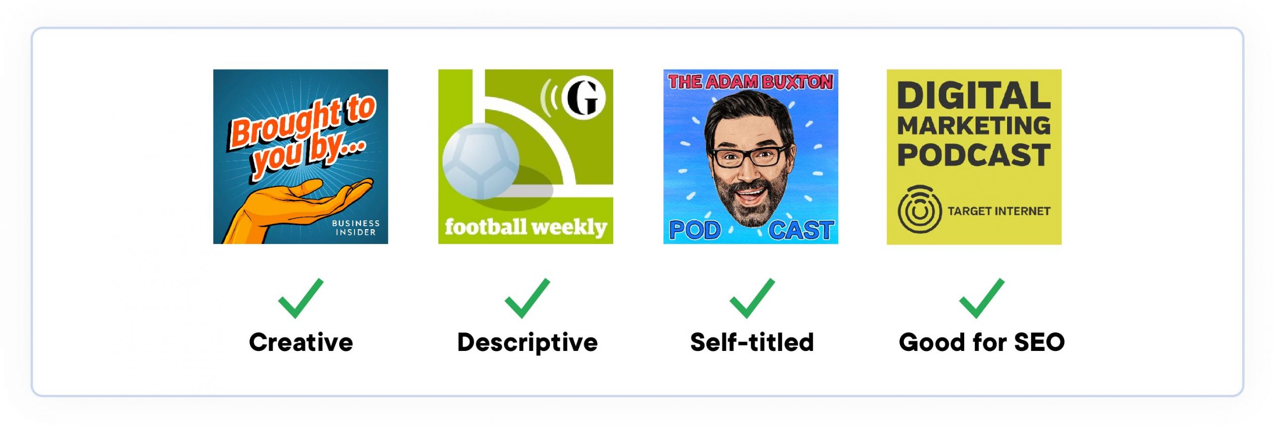 podcast names. 4 podcast covers and names, showing examples of creative, relevant, self-titled and optimized podcast names.