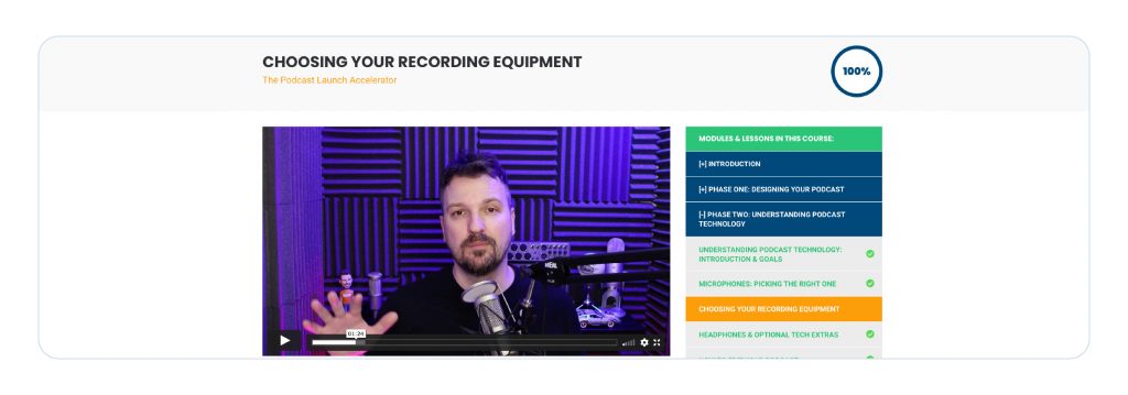 screenshot of a video lesson in the podcast launch accelerator course for 'choosing your recording equipment'