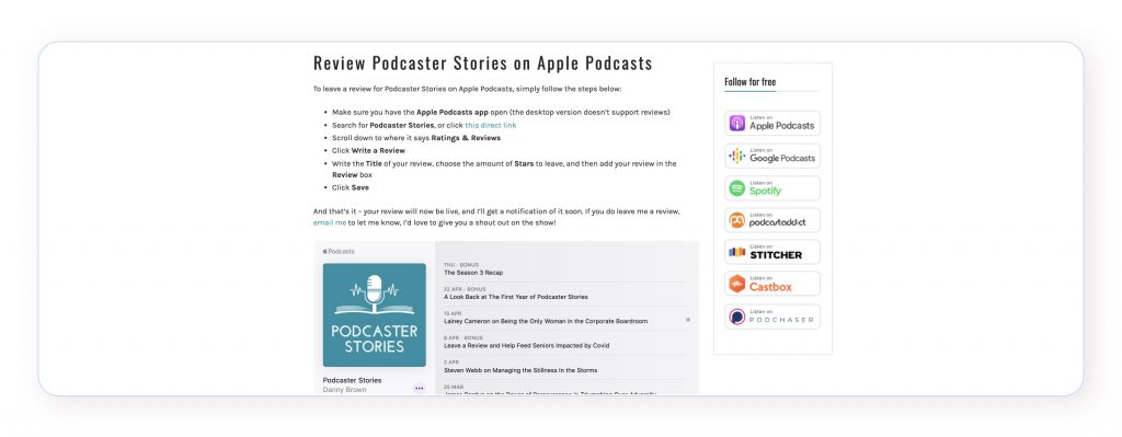 A screenshot of Podcaster Stories' podcast reviews page, with written instructions on how and where to review.