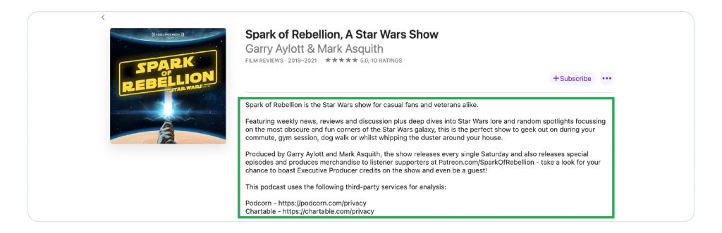 A screenshot of Apple Podcasts, showing the Spark of Rebellion podcast.