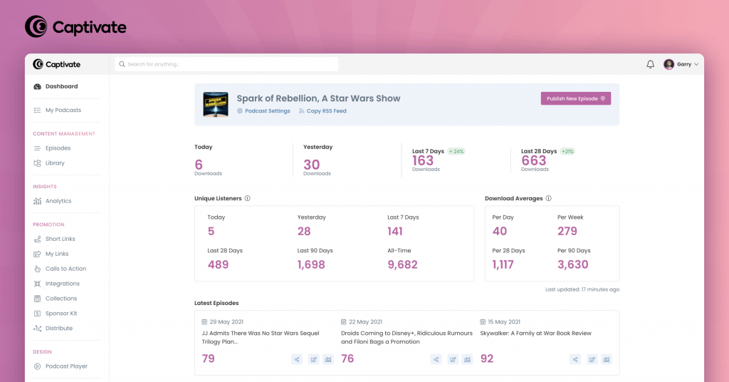 A screenshot of Captivate's new dashboard and new user interface.