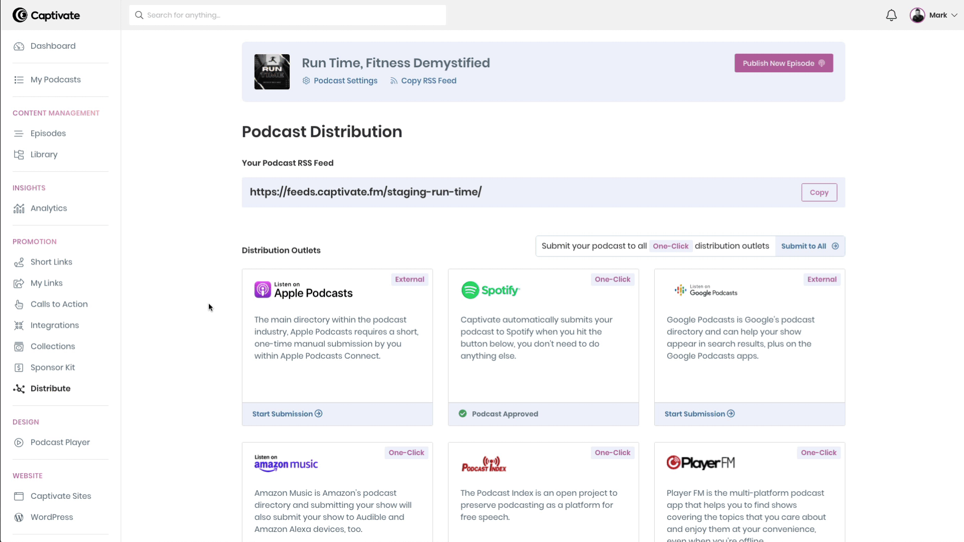 A gif showing the new podcast distribution screen. Captivate 2.0 includes redesigned analytics and distribution screens, featuring a Submit to All button for submission in seconds.