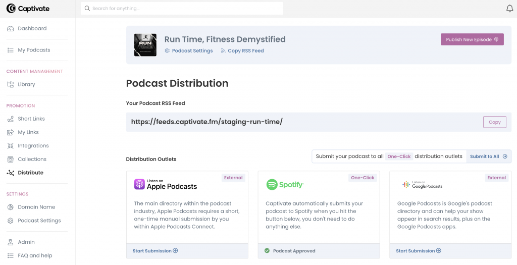 A screenshot of the podcast distribution screen, showing apple podcasts, spotify and google podcasts.