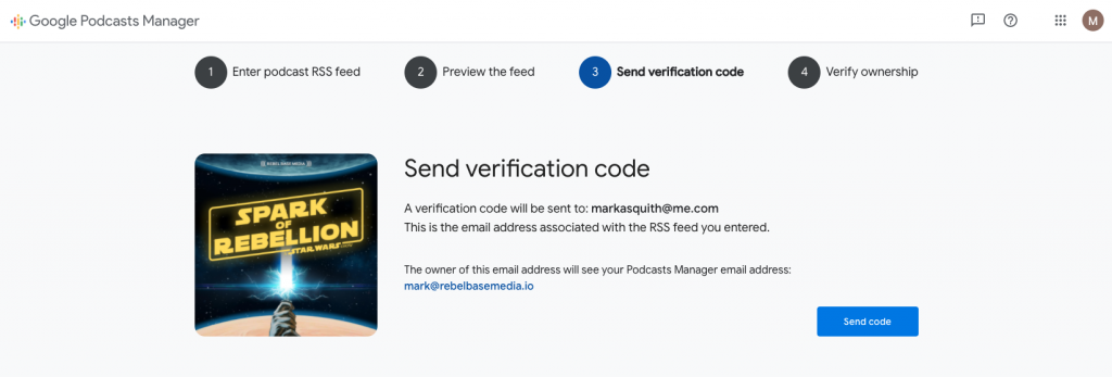 Screenshot of Google Podcasts submission form, showing the 'send verification code' step.